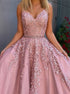 Two Piece A Line V Neck Pink Tulle Appliques Prom Dress LBQ3060